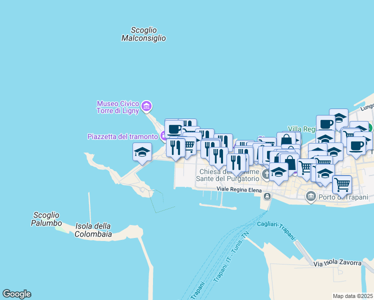 map of restaurants, bars, coffee shops, grocery stores, and more near 63 Via Sirene in Trapani