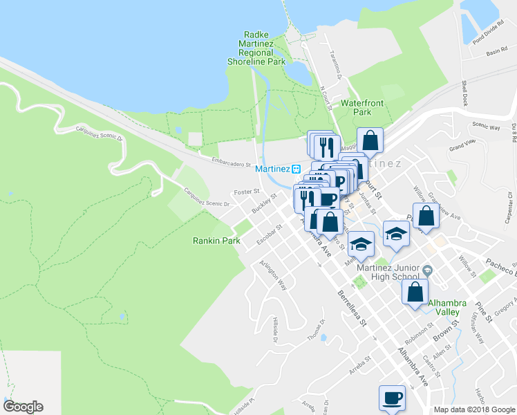 map of restaurants, bars, coffee shops, grocery stores, and more near 401 Richardson Street in Martinez