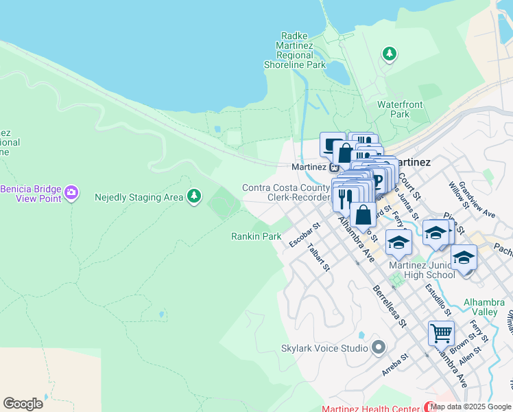 map of restaurants, bars, coffee shops, grocery stores, and more near 40 Carquinez Scenic Drive in Martinez