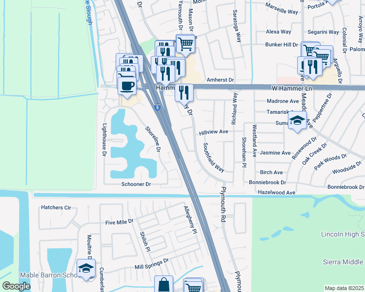 map of restaurants, bars, coffee shops, grocery stores, and more near 7451 Karlsberg Circle in Stockton