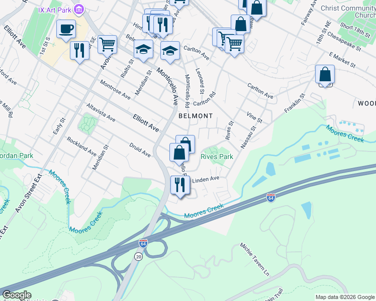map of restaurants, bars, coffee shops, grocery stores, and more near 1506 Monticello Road in Charlottesville