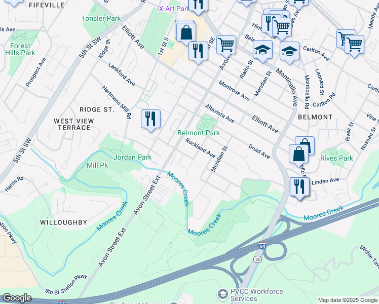 map of restaurants, bars, coffee shops, grocery stores, and more near 712 Rockland Avenue in Charlottesville