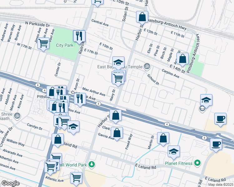 map of restaurants, bars, coffee shops, grocery stores, and more near 2034 Harbor Street in Pittsburg