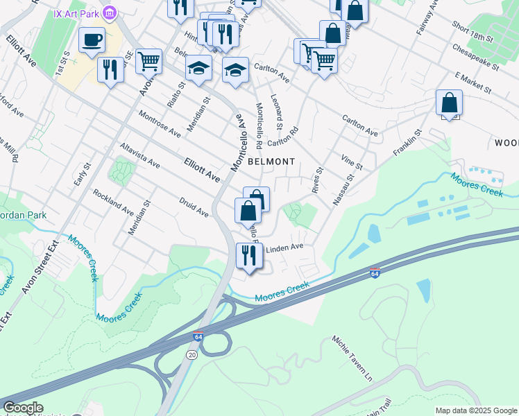 map of restaurants, bars, coffee shops, grocery stores, and more near 1506 Monticello Road in Charlottesville