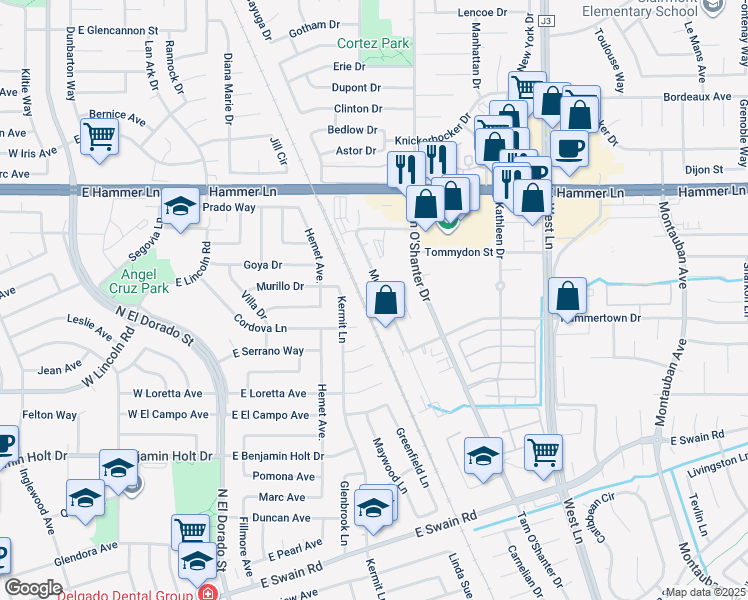 map of restaurants, bars, coffee shops, grocery stores, and more near 7475 Murray Drive in Stockton