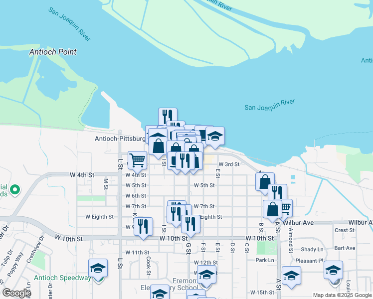 map of restaurants, bars, coffee shops, grocery stores, and more near 602 West 2nd Street in Antioch