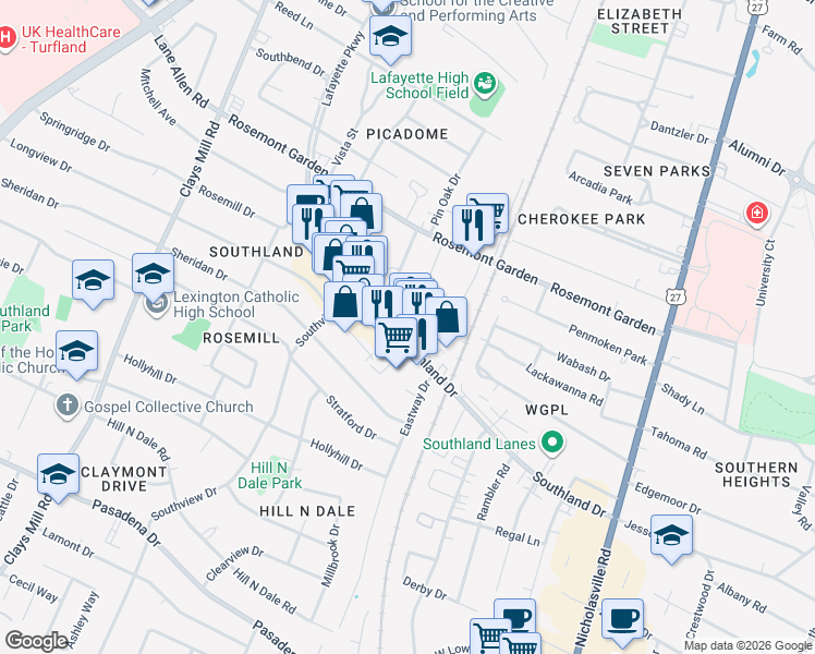 map of restaurants, bars, coffee shops, grocery stores, and more near 373 Southland Drive in Lexington
