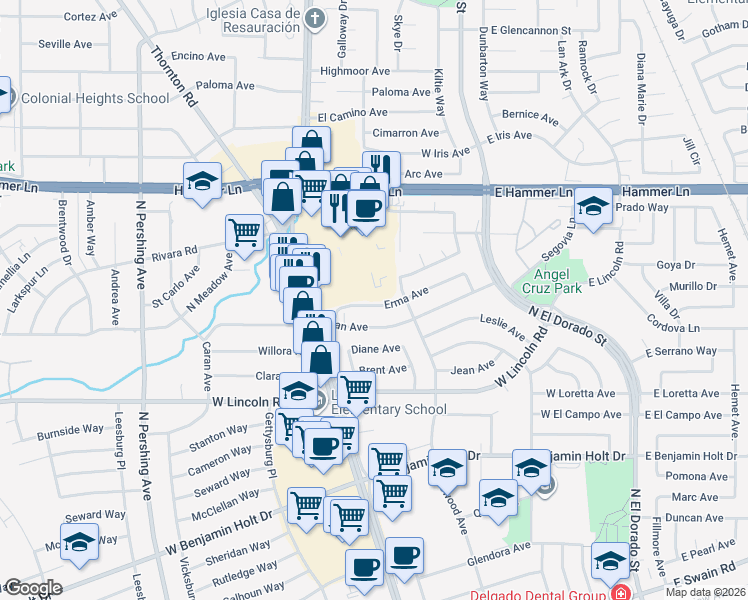 map of restaurants, bars, coffee shops, grocery stores, and more near 701 Erma Avenue in Stockton