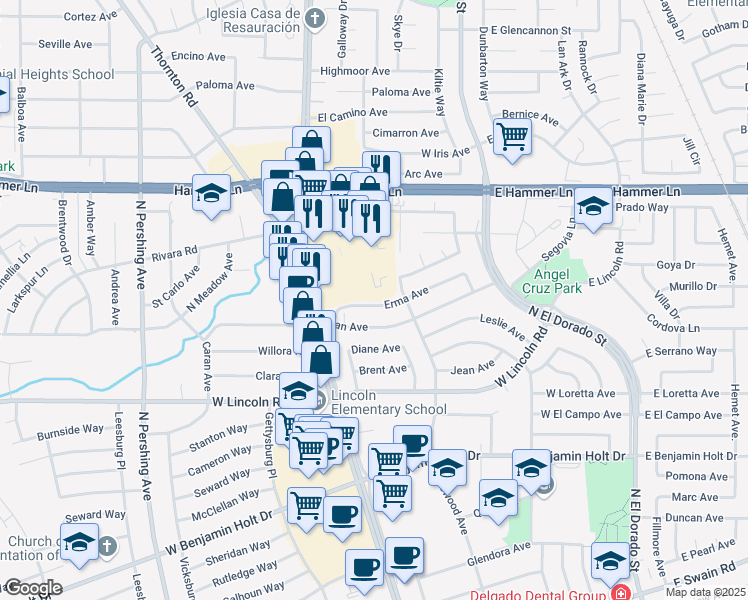 map of restaurants, bars, coffee shops, grocery stores, and more near 701 Erma Ave in Stockton