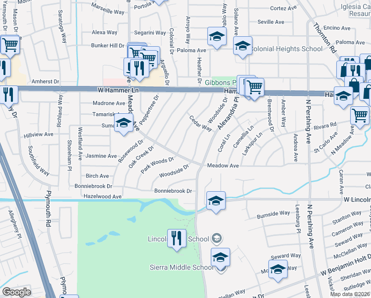 map of restaurants, bars, coffee shops, grocery stores, and more near 7417 Park Woods Drive in Stockton