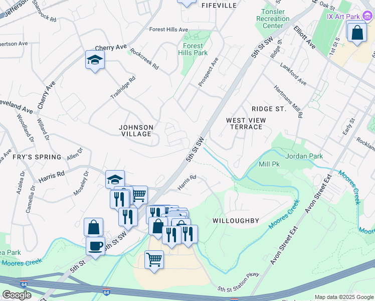 map of restaurants, bars, coffee shops, grocery stores, and more near 474 Cleveland Avenue in Charlottesville