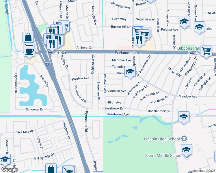 map of restaurants, bars, coffee shops, grocery stores, and more near 7329 Westland Avenue in Stockton
