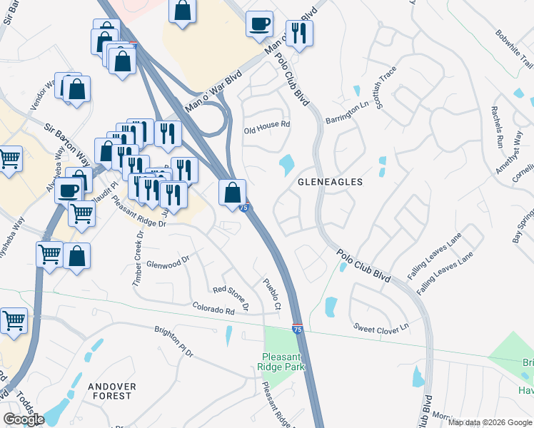 map of restaurants, bars, coffee shops, grocery stores, and more near 2093 Shaker Run Road in Lexington