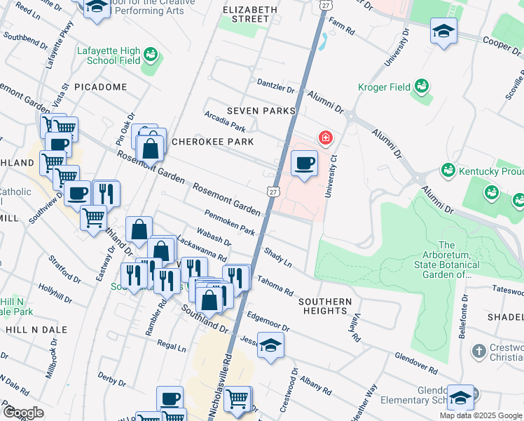map of restaurants, bars, coffee shops, grocery stores, and more near 1805 Nicholasville Road in Lexington