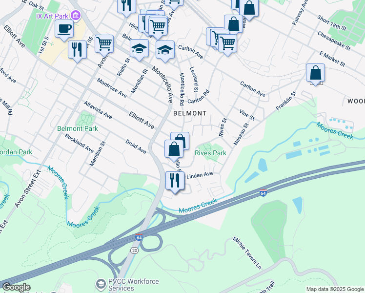map of restaurants, bars, coffee shops, grocery stores, and more near 1602 Monticello Road in Charlottesville
