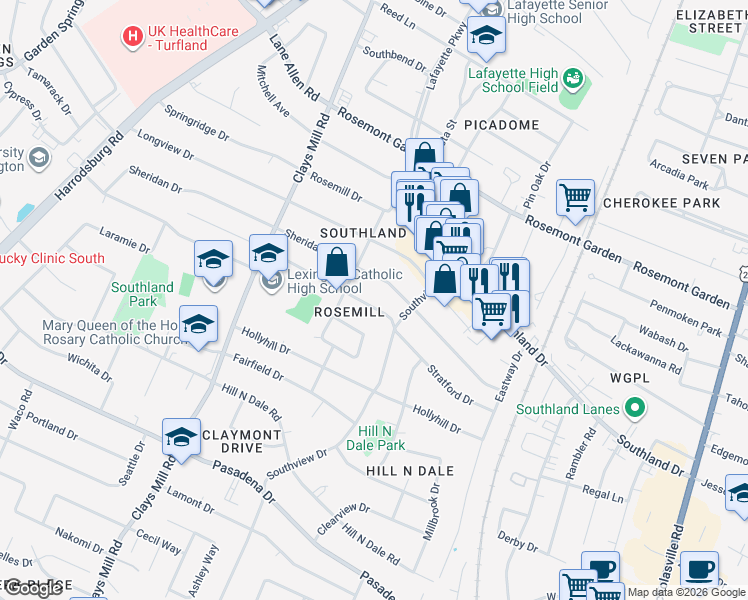 map of restaurants, bars, coffee shops, grocery stores, and more near 495 Stratford Drive in Lexington