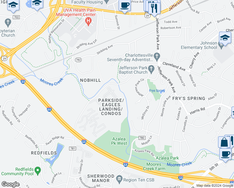 map of restaurants, bars, coffee shops, grocery stores, and more near 197 Yellowstone Drive in Charlottesville