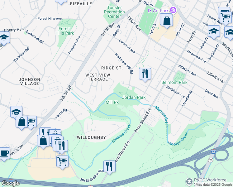 map of restaurants, bars, coffee shops, grocery stores, and more near 2100 Avon Court in Charlottesville