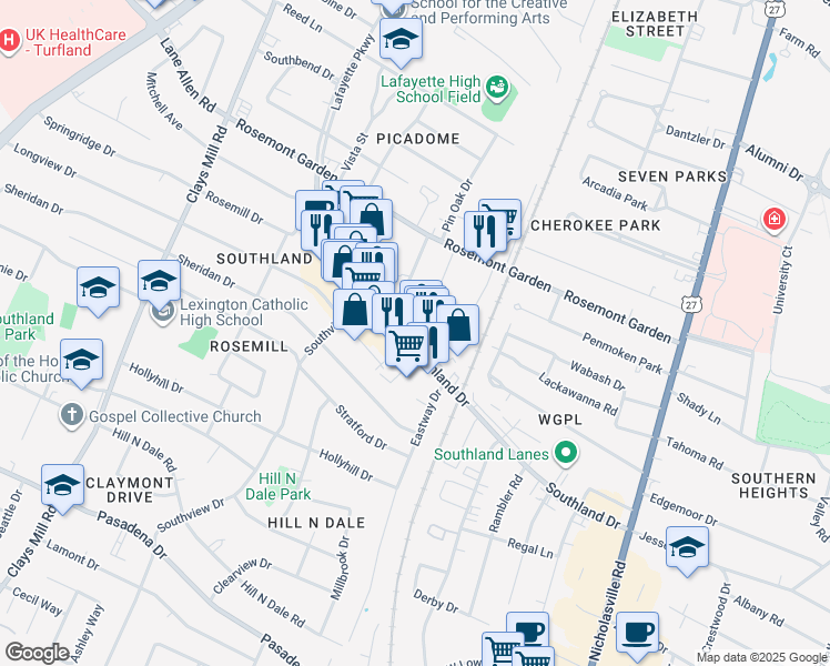 map of restaurants, bars, coffee shops, grocery stores, and more near 373 Southland Drive in Lexington