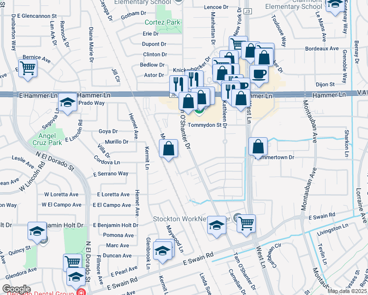 map of restaurants, bars, coffee shops, grocery stores, and more near 7407 Tam O'Shanter Drive in Stockton