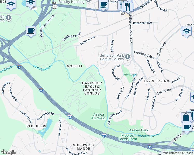 map of restaurants, bars, coffee shops, grocery stores, and more near 197 Yellowstone Drive in Charlottesville