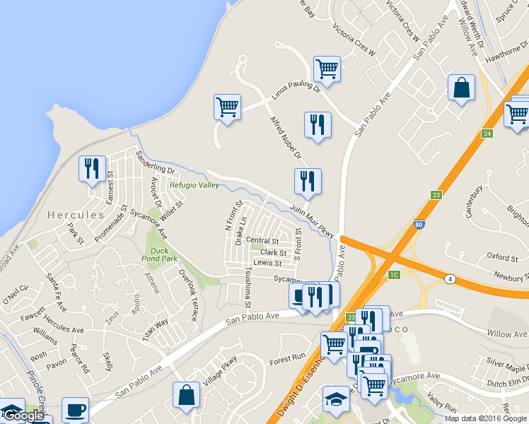 map of restaurants, bars, coffee shops, grocery stores, and more near 2216 Tsushima Street in Hercules