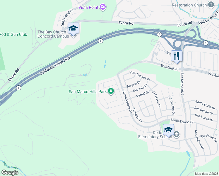 map of restaurants, bars, coffee shops, grocery stores, and more near 3224 La Paz Drive in Pittsburg