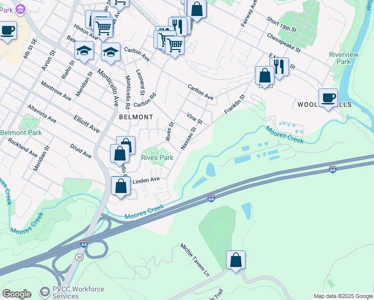 map of restaurants, bars, coffee shops, grocery stores, and more near 824 Nassau Street in Charlottesville