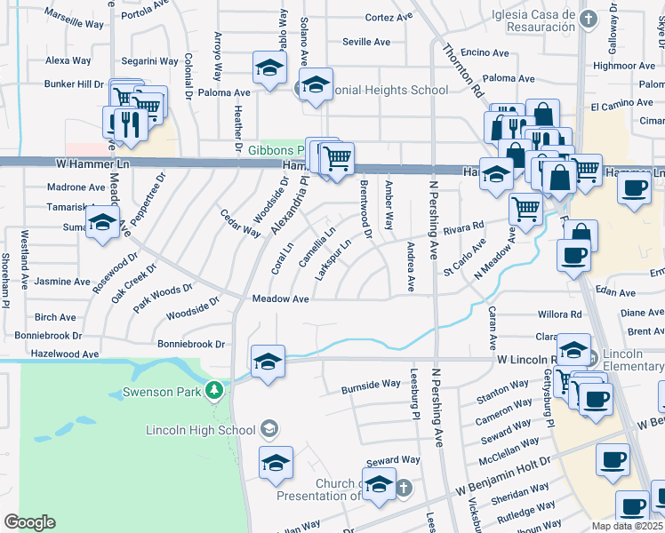 map of restaurants, bars, coffee shops, grocery stores, and more near 7418 Larkspur Lane in Stockton