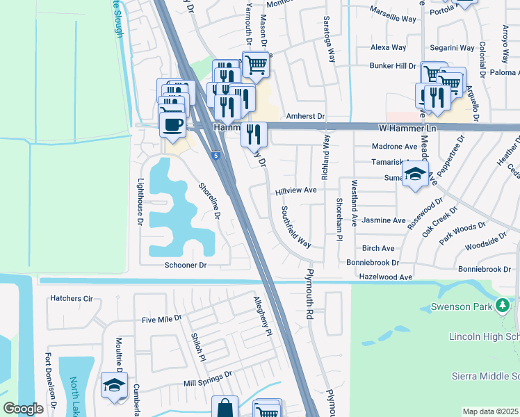 map of restaurants, bars, coffee shops, grocery stores, and more near 7451 Karlsberg Circle in Stockton