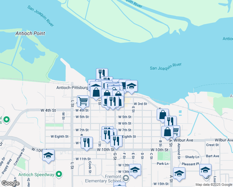 map of restaurants, bars, coffee shops, grocery stores, and more near 103 G Street in Antioch