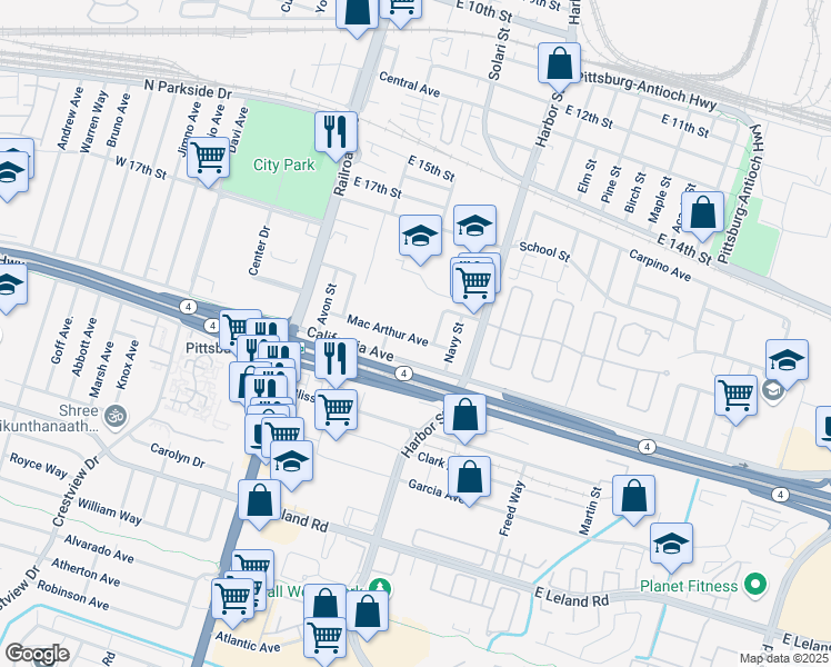 map of restaurants, bars, coffee shops, grocery stores, and more near 184 Army Street in Pittsburg