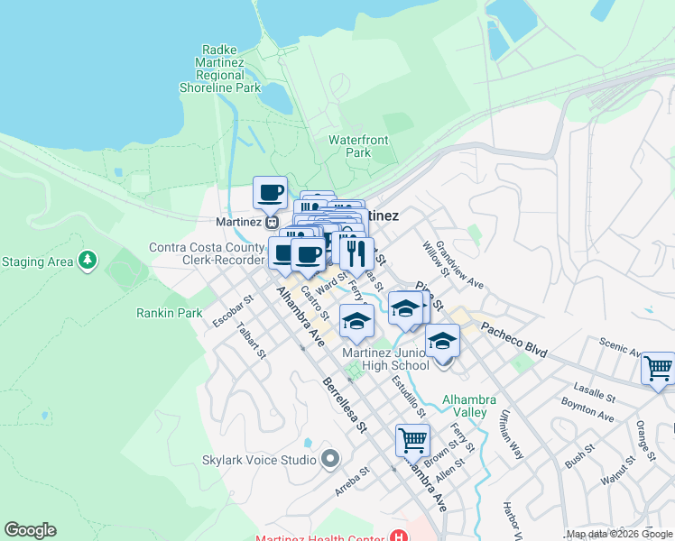 map of restaurants, bars, coffee shops, grocery stores, and more near 710 Ferry Street in Martinez