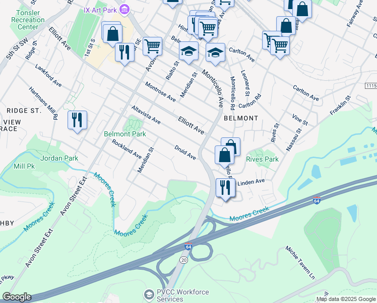map of restaurants, bars, coffee shops, grocery stores, and more near 1007 Druid Avenue in Charlottesville