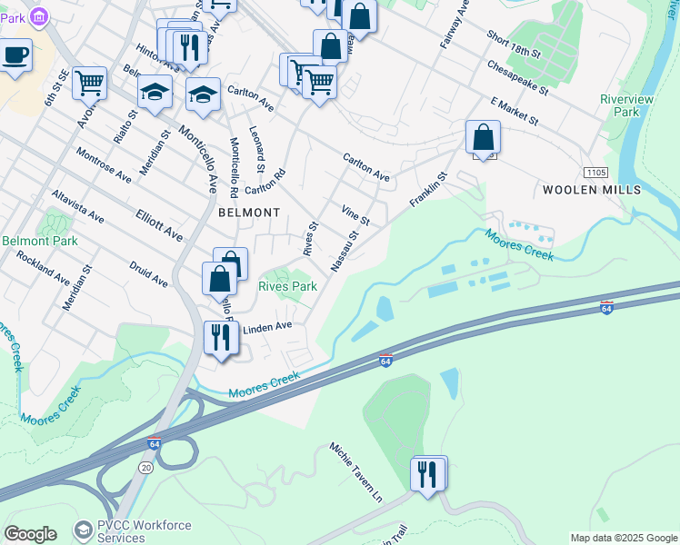 map of restaurants, bars, coffee shops, grocery stores, and more near 824 Nassau Street in Charlottesville
