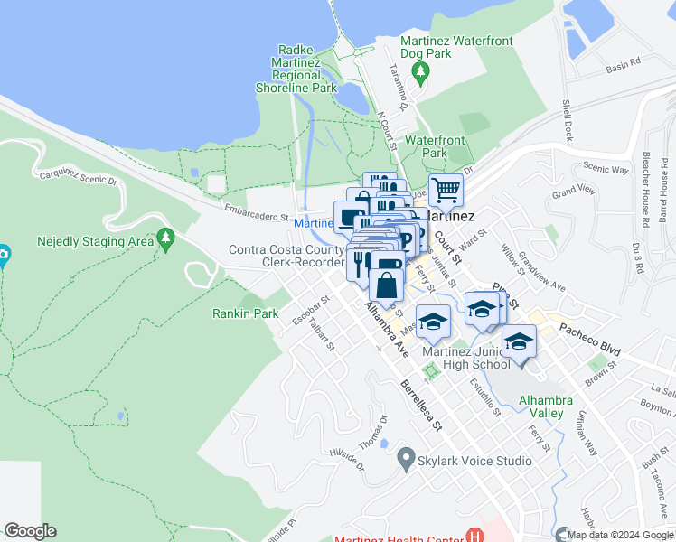 map of restaurants, bars, coffee shops, grocery stores, and more near 502 Alhambra Avenue in Martinez