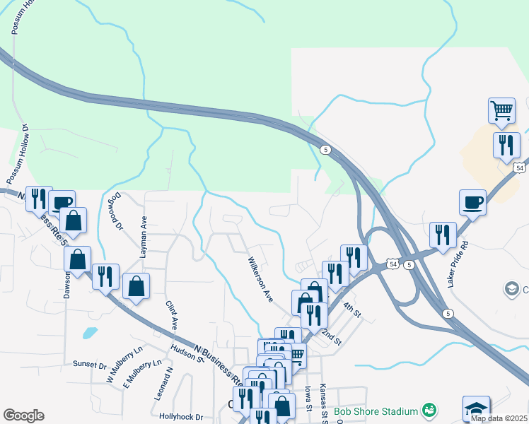 map of restaurants, bars, coffee shops, grocery stores, and more near 109 Trail Ridge Lane in Camdenton