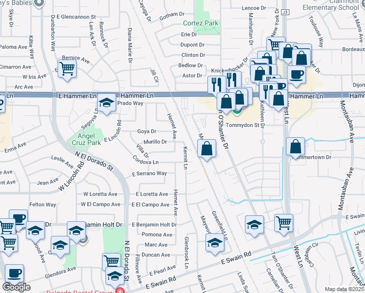 map of restaurants, bars, coffee shops, grocery stores, and more near 7025 Kermit Lane in Stockton