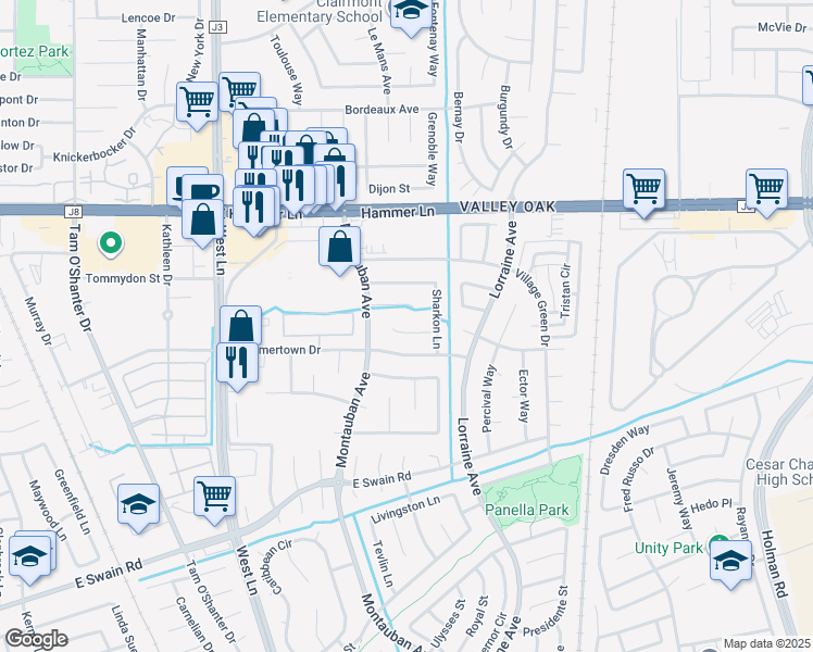 map of restaurants, bars, coffee shops, grocery stores, and more near 2115 Sharkon Court in Stockton