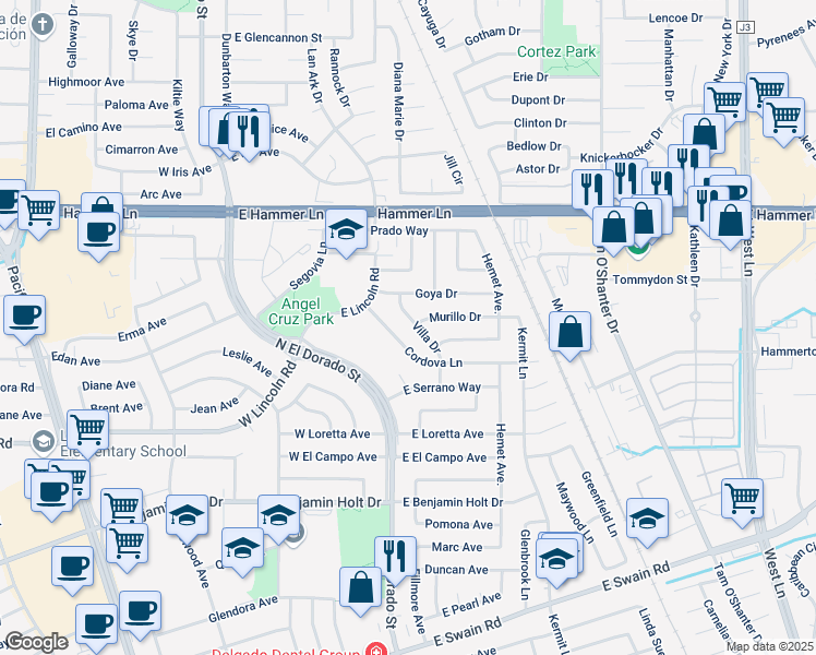map of restaurants, bars, coffee shops, grocery stores, and more near 7109 Villa Drive in Stockton
