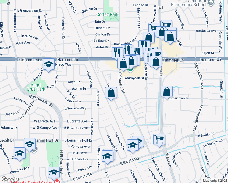 map of restaurants, bars, coffee shops, grocery stores, and more near 7475 Murray Drive in Stockton