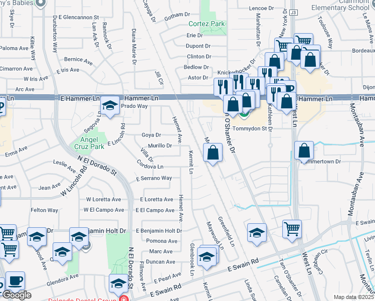 map of restaurants, bars, coffee shops, grocery stores, and more near 7025 Kermit Lane in Stockton