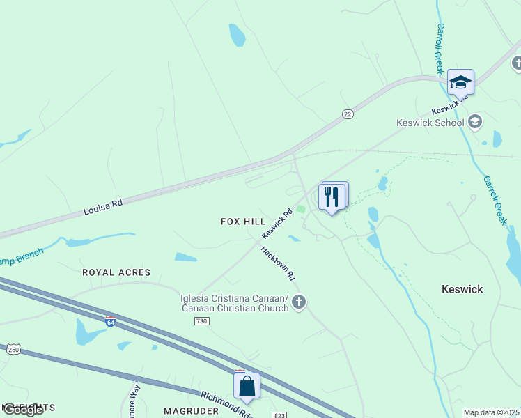 map of restaurants, bars, coffee shops, grocery stores, and more near 3718 Keswick Road in Keswick