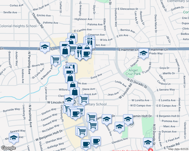 map of restaurants, bars, coffee shops, grocery stores, and more near 611 Erma Avenue in Stockton