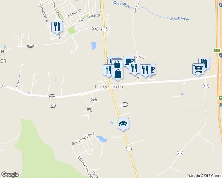 map of restaurants, bars, coffee shops, grocery stores, and more near 18069 Jefferson Davis Hwy in RUTHER GLEN