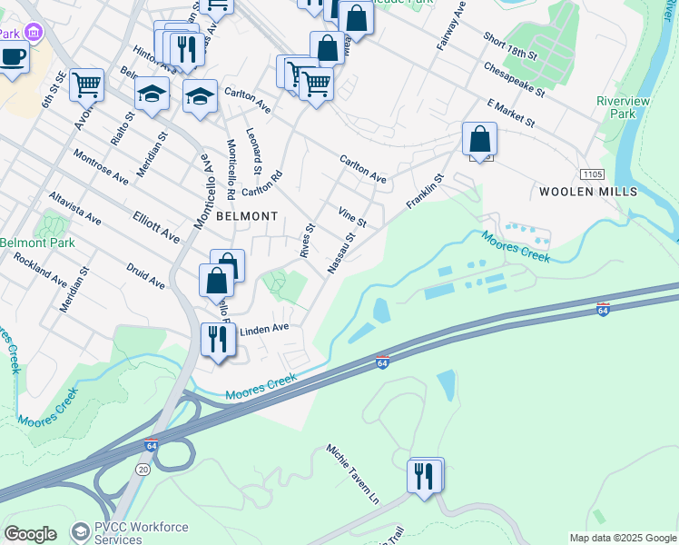 map of restaurants, bars, coffee shops, grocery stores, and more near 820 Nassau Street in Charlottesville