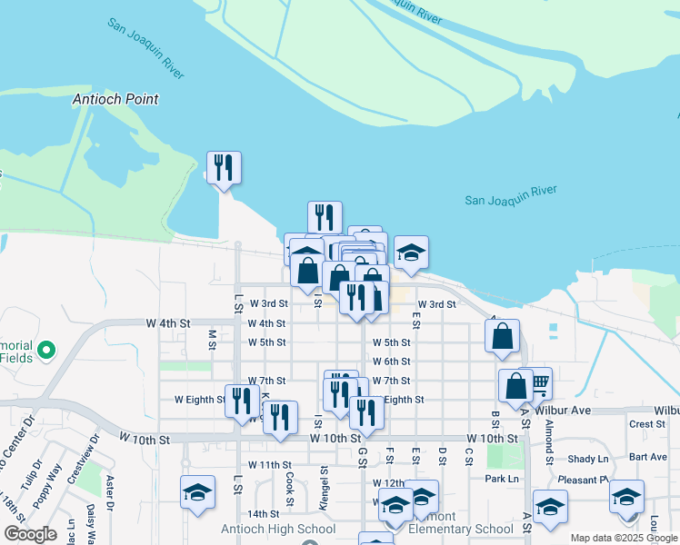 map of restaurants, bars, coffee shops, grocery stores, and more near in Antioch