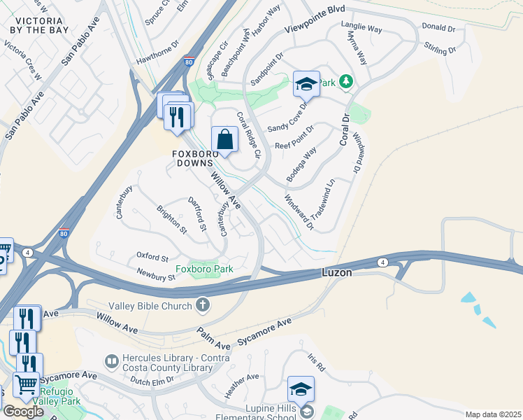 map of restaurants, bars, coffee shops, grocery stores, and more near 100 Sandpiper Court in Rodeo