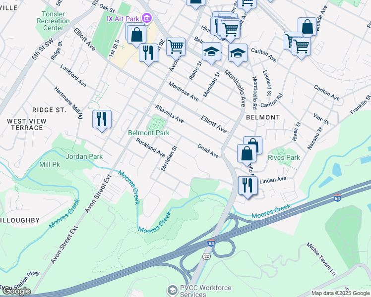 map of restaurants, bars, coffee shops, grocery stores, and more near 914 Druid Avenue in Charlottesville