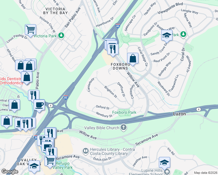 map of restaurants, bars, coffee shops, grocery stores, and more near 289 Dartford Street in Hercules